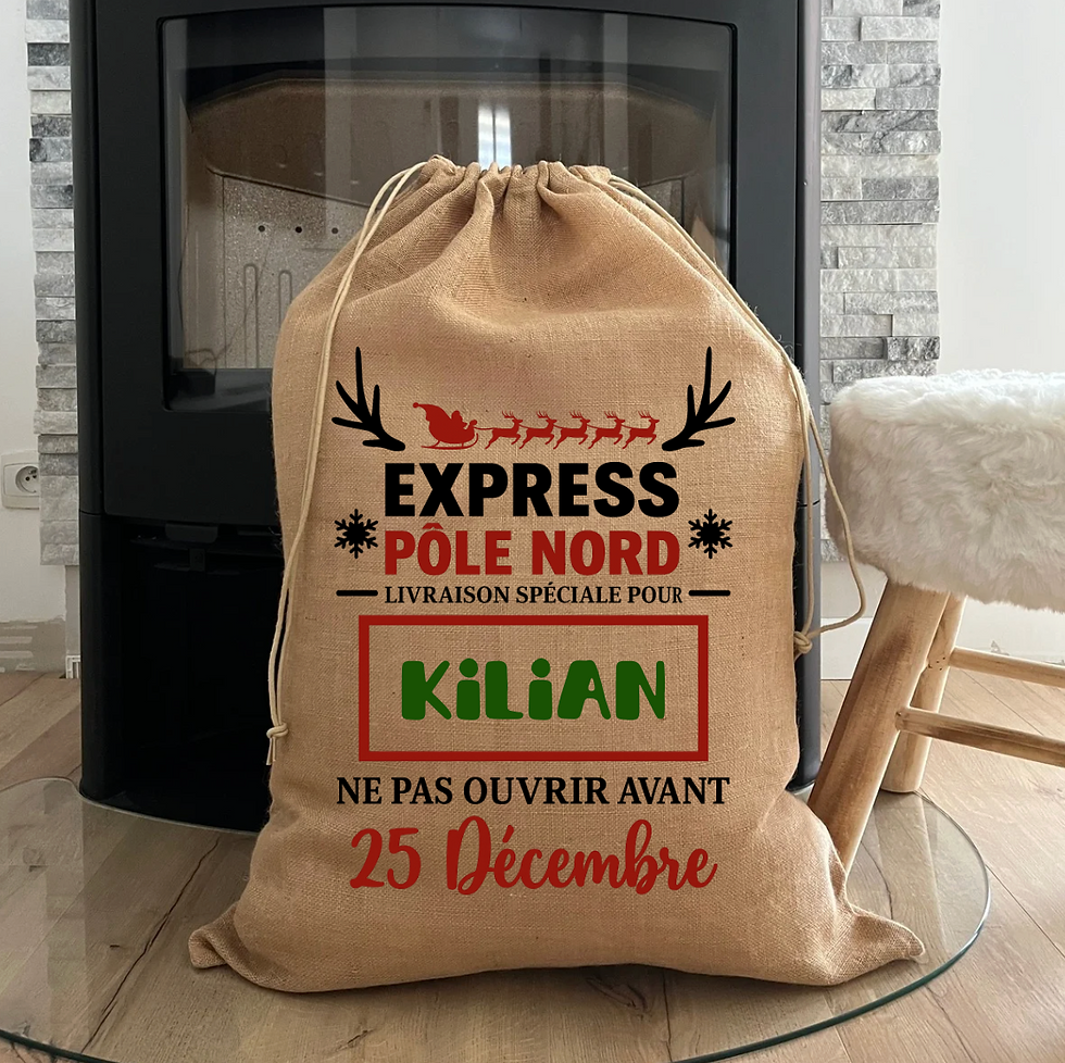 hotte de noël en jute avec prénom