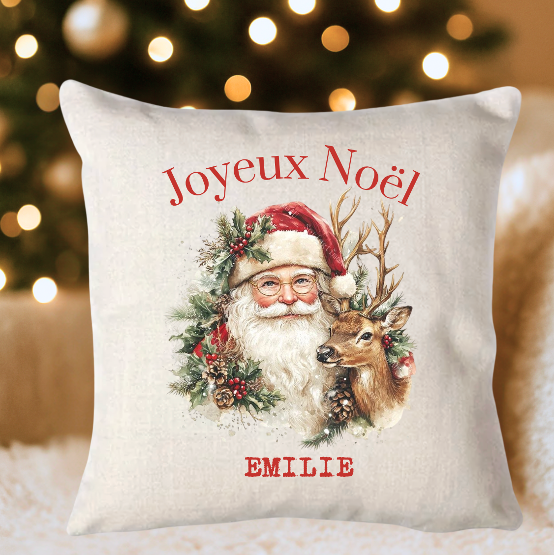 Coussin de Noël personnalisé 🎄 | Effet lin naturel