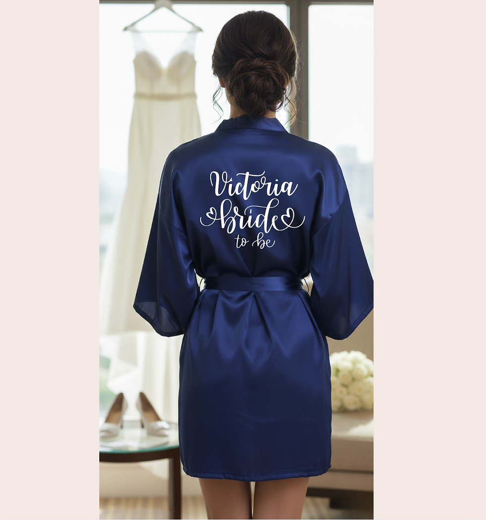 Miniature : Peignoir satin bleu marine avec inscription