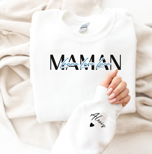 Vêtement Personnalisé Famille Sweat-shirt Personnalisé Mama Avec Prénoms Enfants - Cadeau Fête Des Mères Ou Grand-mère - Broderie Sur Manches Sweat De Noel Femme