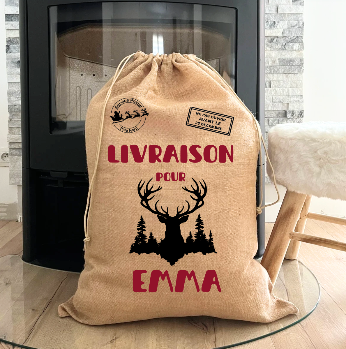 Hotte de Noël personnalisée en jute naturelle avec prénom pour des fêtes uniques