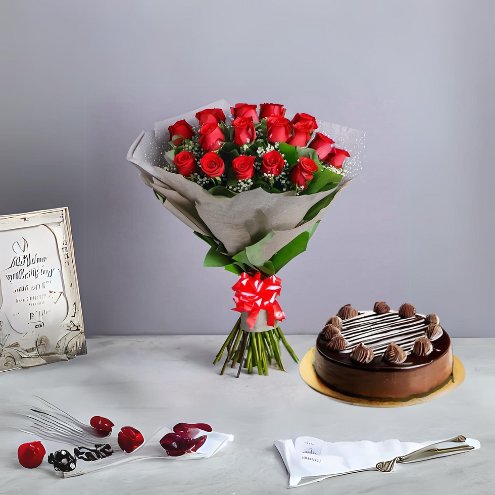 12 Red Roses Fresh Flowers Bouquet | Chocolate Truffle Cake