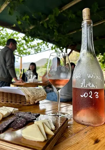 Bottiglia di vino e tagliere con specialità locali al Momik Wine Cube, celebre per la produzione di vino nella regione di Areni.