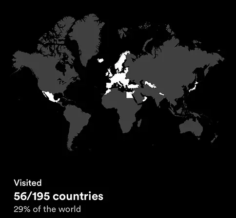 Mappa del mondo con i paesi visitati da Mattia Melegari evidenziati, a rappresentare il suo percorso di viaggio globale.