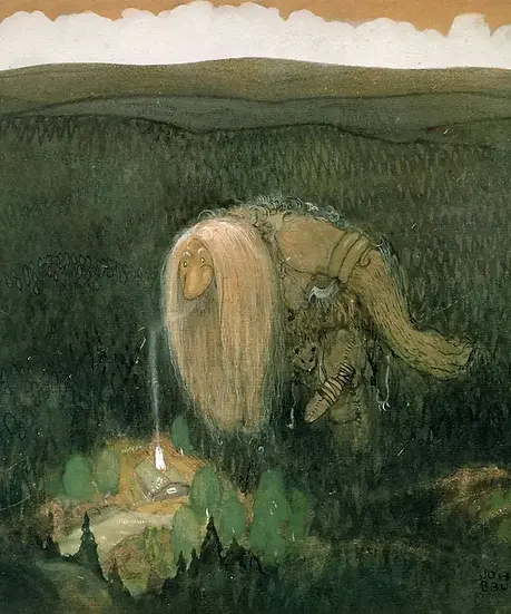 Illustrazione di un troll gigante che arriva nel bosco vicino alla casa di Nara