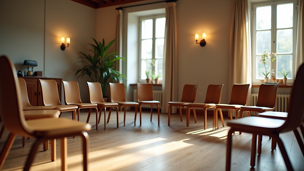Eye-level view of a cozy workshop space with chairs arranged in a circle