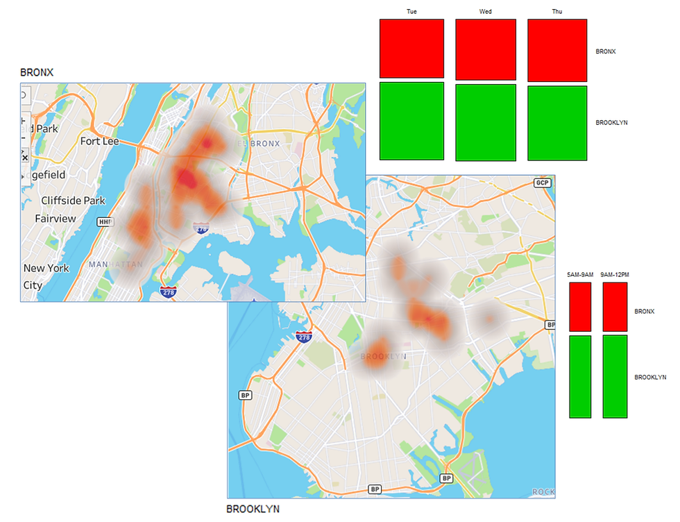 The Bronx and Brooklyn spatial probabilities maps and time proportion tree plots