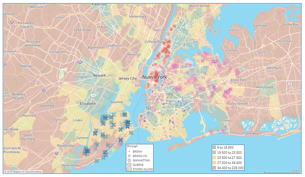 NYC geographical distribution of water quality complaints regarding ODOR/TASTE/SEWER