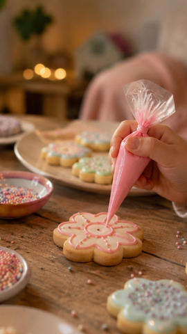 young girl icing cookies