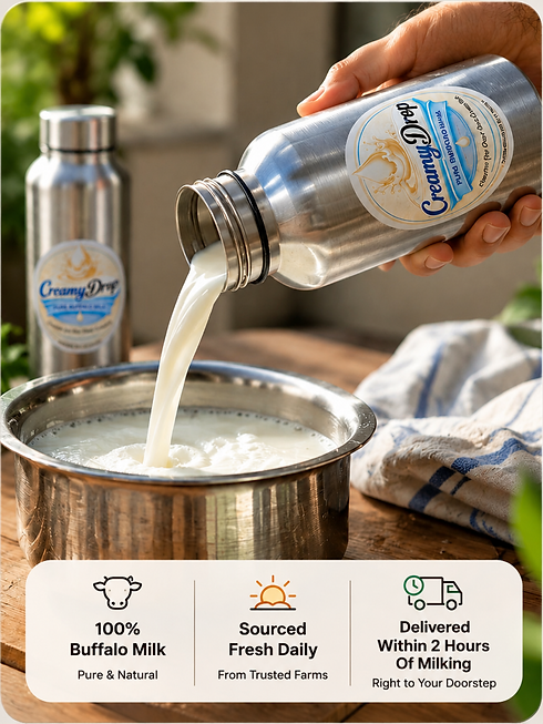 Creamy Drop Fresh Buffalo Milk poured from a stainless steel bottle into a Steel bowl.