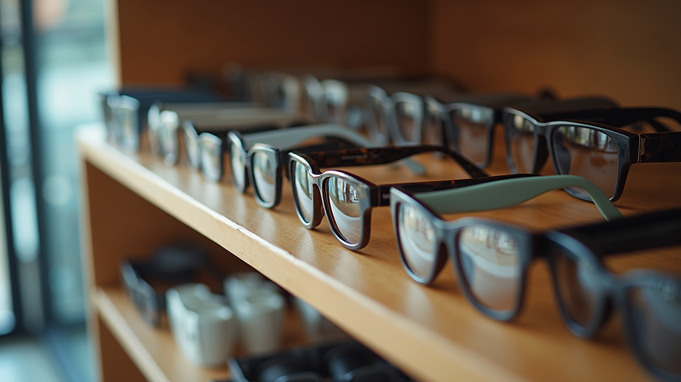 High angle view of a variety of eyeglasses displayed