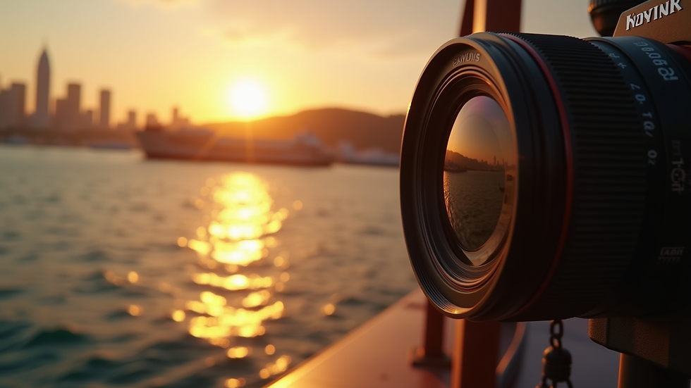 Close-up view of a camera lens capturing golden hour light over Port Louis harbor