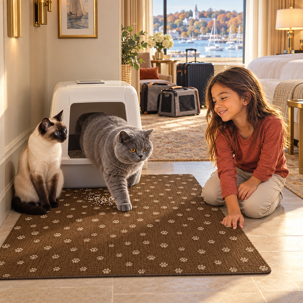 Cat with Manolo and Pepe in a beautiful hotel room.