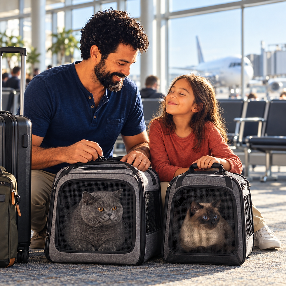 Mr. Turner and Cat at the airport with Manolo and Pepe in a Sherpa pet carrier