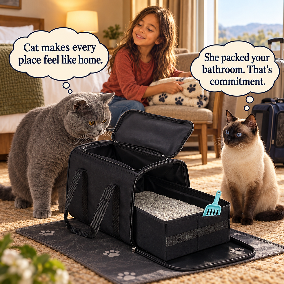 Cat preparing a portable litter box for Manolo and Pepe in a hotel room.