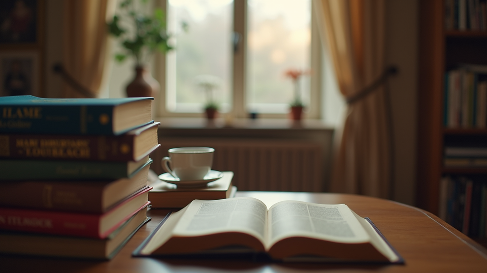 Eye-level view of a cozy reading nook with a stack of books