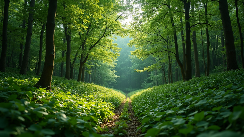 Wide angle view of a lush green forest