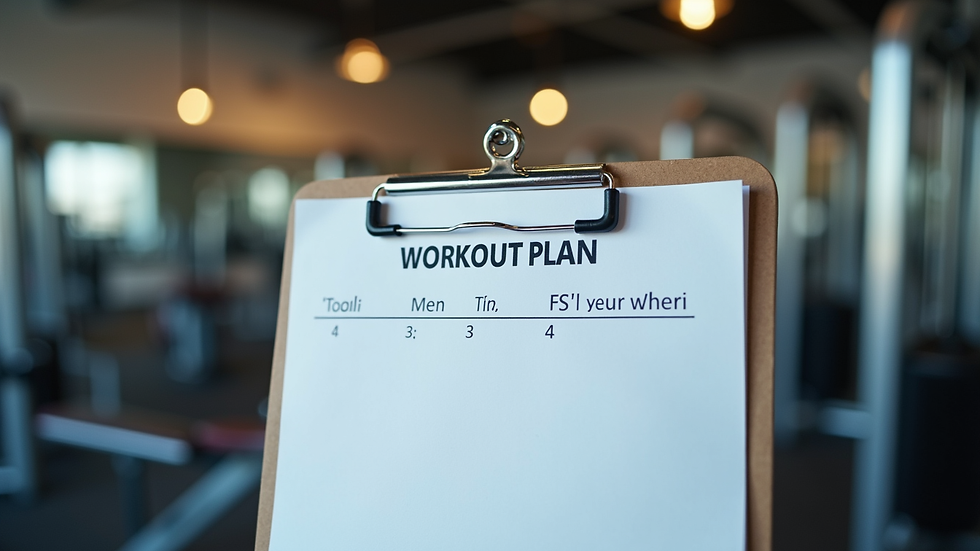 Close-up view of personalized workout plan on a clipboard with fitness equipment in the background