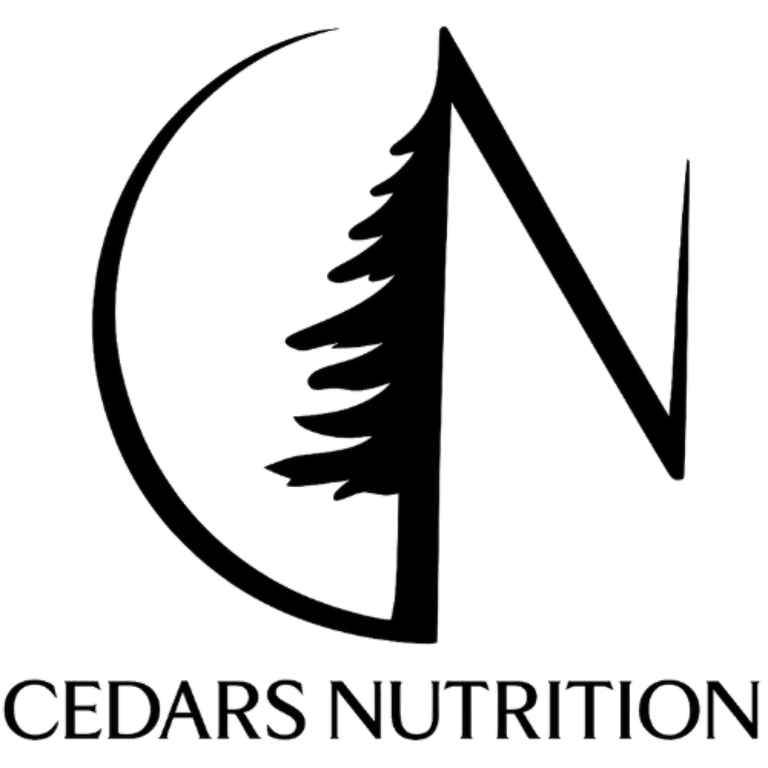Stylized “C” and “N” logo with a cedar tree graphic, paired with serif text “CEDARS NUTRITION,” evoking natural wellness.