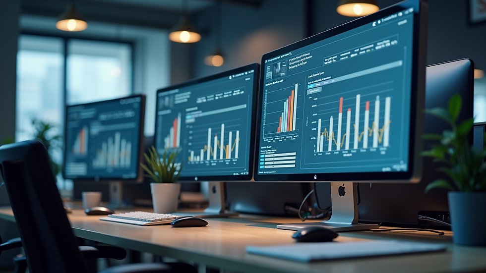 Eye-level view of a modern office workspace with multiple monitors displaying workflow charts
