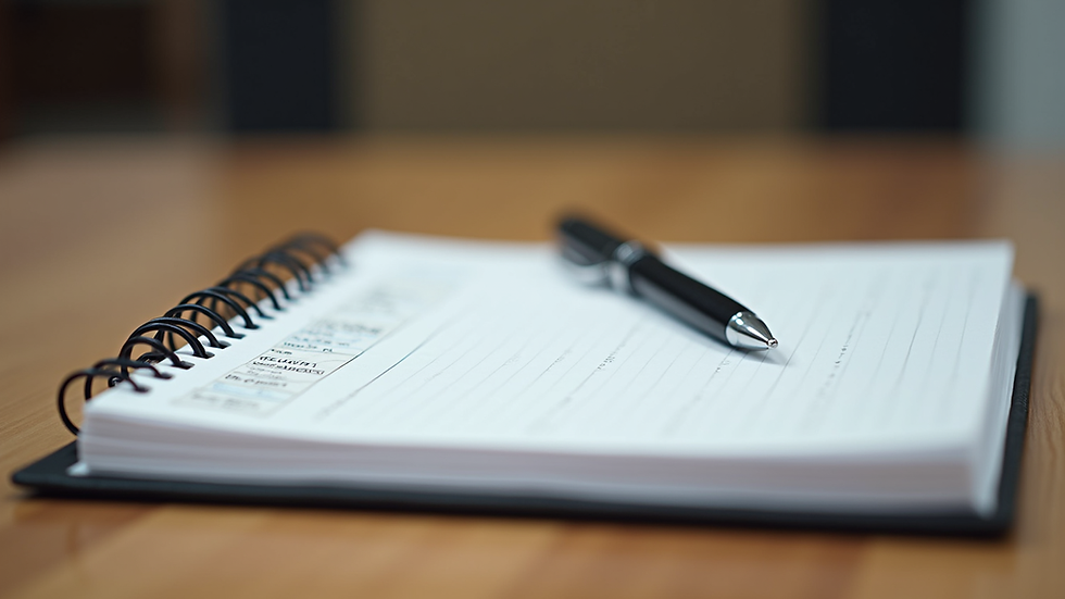 Close-up view of a notebook with pricing notes and a pen on a wooden table