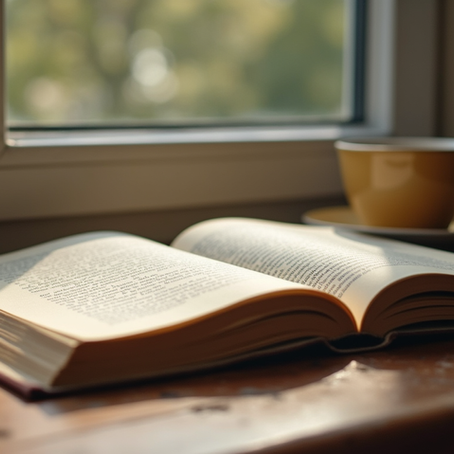 Eye-level view of a cozy corner with a journal and a cup of tea