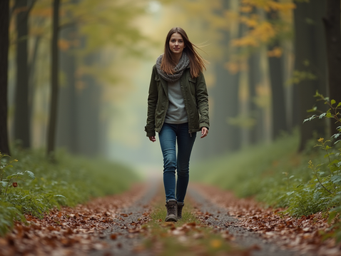 Eye-level view of a woman walking confidently on a forest path
