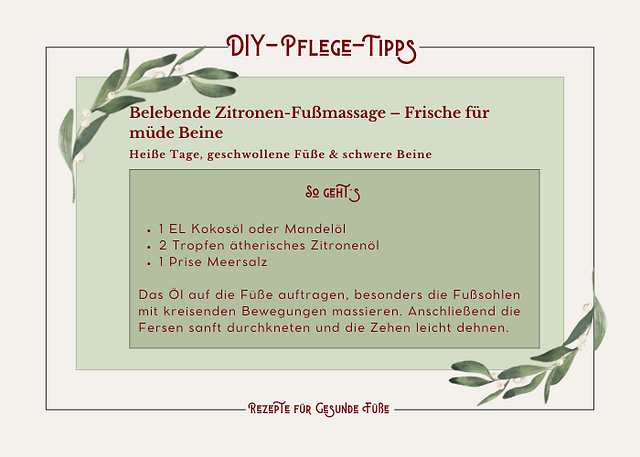 Belebende Fußmassage mit Zitronenöl für geschwollene Füße und schwere Beine. Tipps für die Fußpflege an heißen Tagen: Kokosöl, ätherisches Zitronenöl und Meersalz zur Entspannung und Revitalisierung müder Füße - Teil der ganzheitlichen DIY-Fußpflege. 
