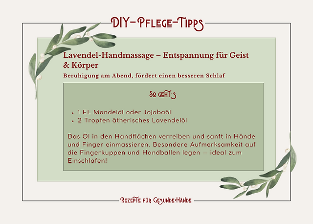 Beruhigende Handmassage mit Lavendelöl für entspannte Hände und besseren Schlaf. DIY-Tipps für die nächtliche Handpflege: Mandelöl oder Jojobaöl kombiniert mit Lavendelöl zur Entspannung von Fingern und Handballen - perfekte Abendroutine für gesunde Hände. 