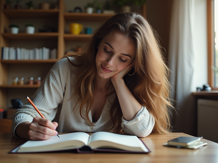 Ein Frau die am Schreibtisch sitzt und reflektiert. Eine Frau die Tagebuch führt. Eine Frau die ein Moodbuch hat. 