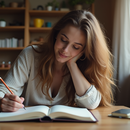 Ein Frau die am Schreibtisch sitzt und reflektiert. Eine Frau die Tagebuch führt. Eine Frau die ein Moodbuch hat. 