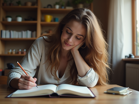 Ein Frau die am Schreibtisch sitzt und reflektiert. Eine Frau die Tagebuch führt. Eine Frau die ein Moodbuch hat. 