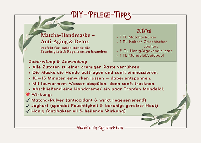 Hausgemachte Hand-Maske mit Anti-Aging & Detox. Perfekt für müde Hände die Feuchtigkeit und Regeneration brauchen. 