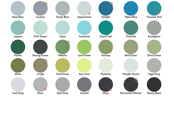 Paper color chart showing blue/greens, greens and grey/black colors