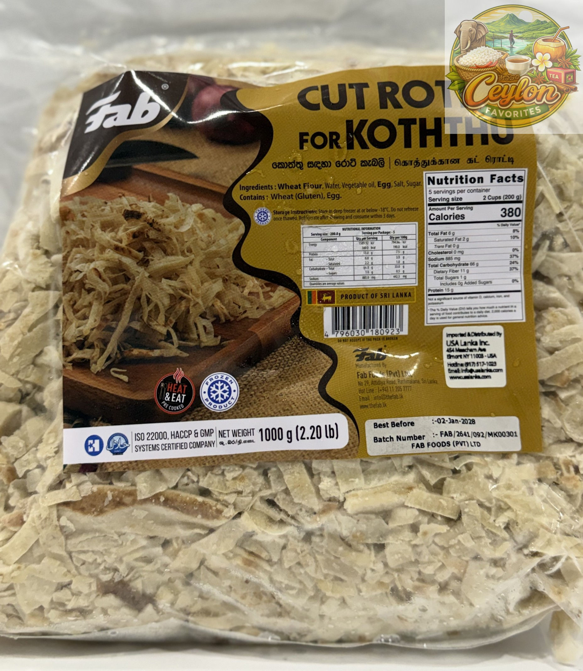 Fab Cut Kottu Roti 1kg - (Add Frozen box for UPS shipping)