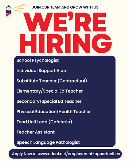 School Psychologist Individual Support Aide Substitute Teacher ElementarySpecial Ed Teacher (Contractual) Physical EducationHealth Teacher Food Unit Lead (Cafeteria) Teacher Assistant Speech Langu.png