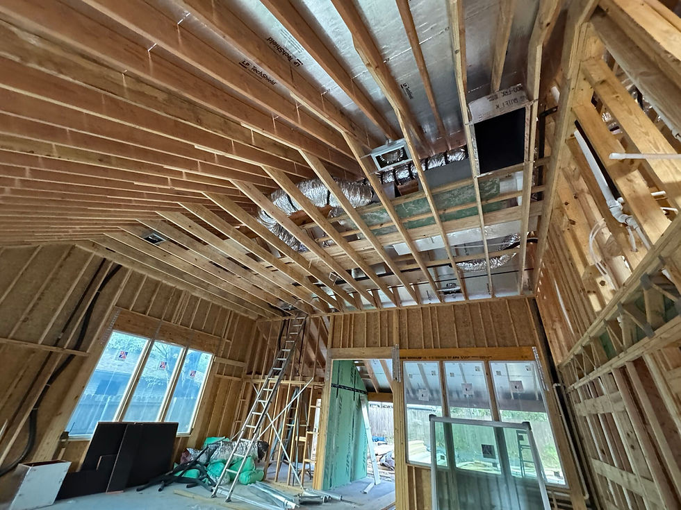 Rough-in stage in progress — our team carefully installs mechanical, electrical, and plumbing systems before insulation and drywall to ensure every detail meets code and design intent.
