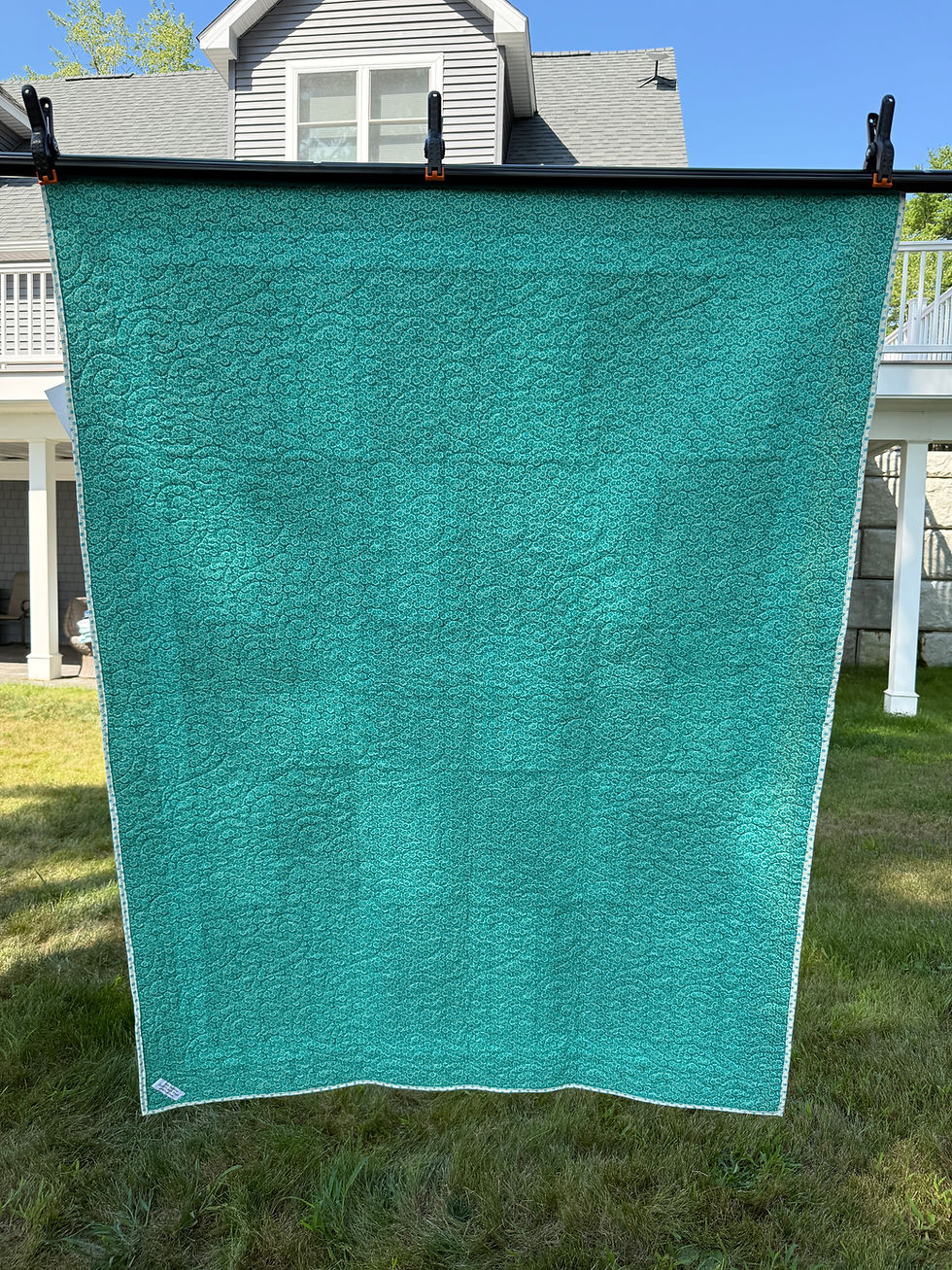 Thumbnail: Lap quilt with offset brick pattern featuring brown paisley rectangles alternating with polka dot rectangles, teal sashing