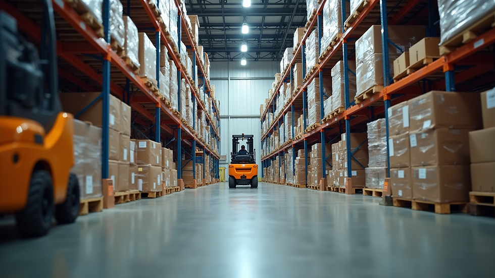 Eye-level view of a busy warehouse with stacked pallets and forklifts