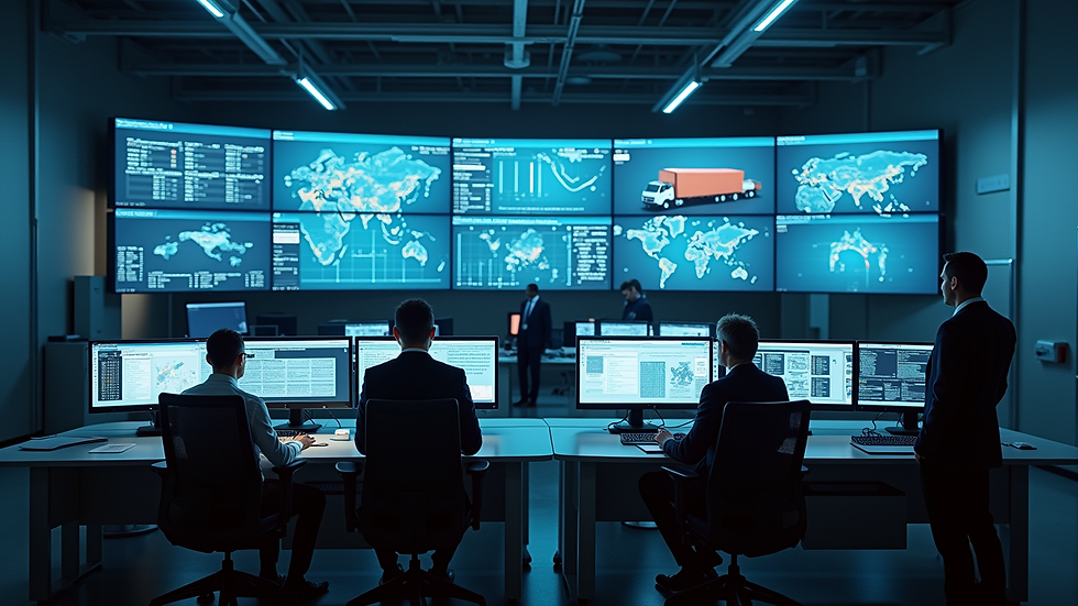 High angle view of a logistics control room with multiple screens showing shipment tracking