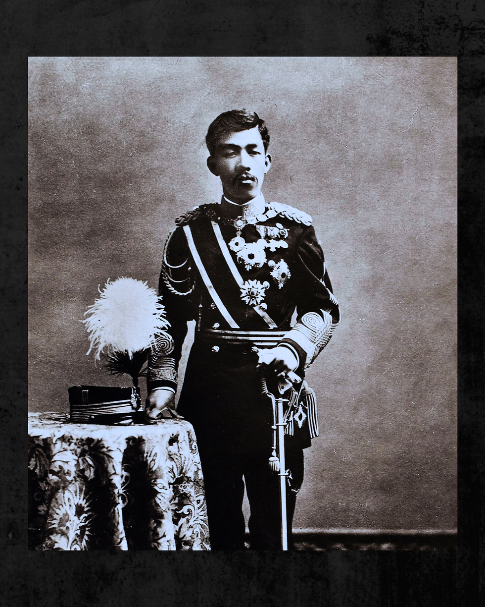 A man in a military uniform stands beside a patterned table with a feathered hat. The sepia tone suggests a historical setting.