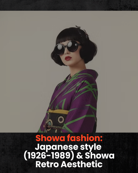 Woman in retro Japanese style wearing a purple kimono with green patterns, large sunglasses, and red lipstick. Text: Showa fashion details.