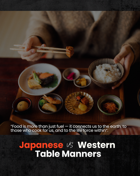 Person uses chopsticks to eat from a tray of Japanese dishes on a table. Text: "Japanese vs Western Table Manners." Cozy setting.