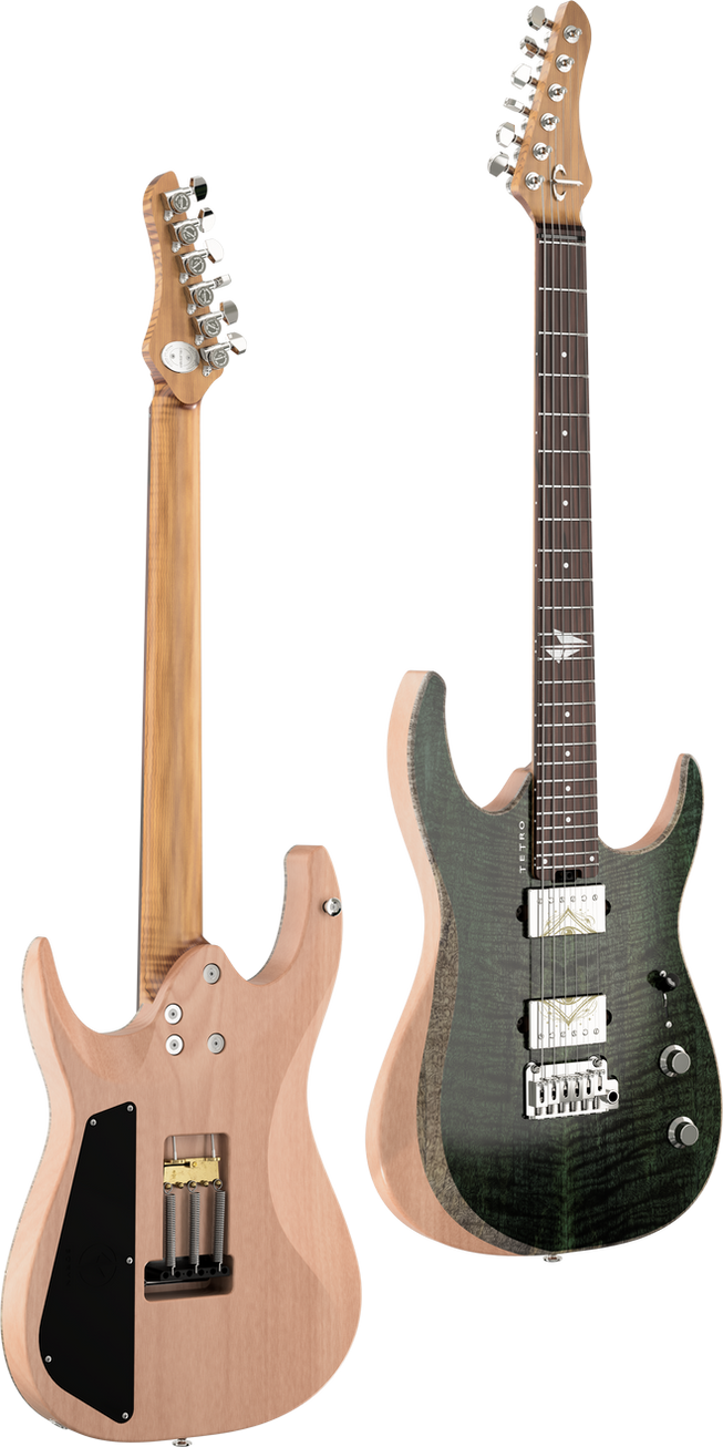 Electric guitars: dark front, natural wood back