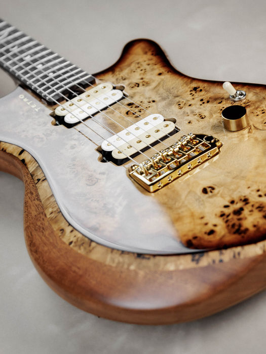Tetro Aion Guitar with burled wood and metallic silver body