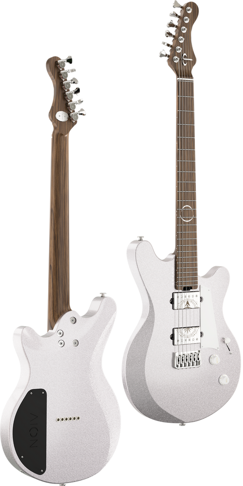 Two white Aion Seeker guitars, front and back view