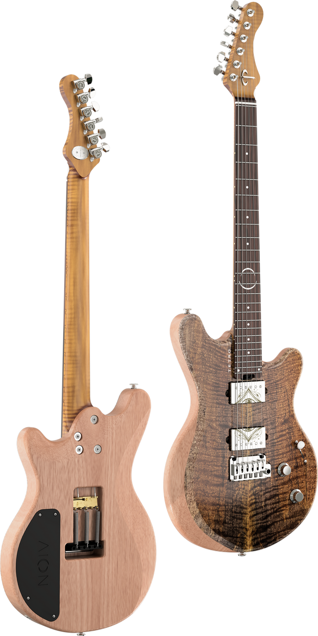 Electric guitars, front with figured top, back with natural wood.
