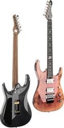 Two electric guitars: one brown, one black back view