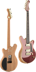 Electric guitars: natural wood back, pink and burgundy front