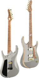 Two silver electric guitars, front and back views